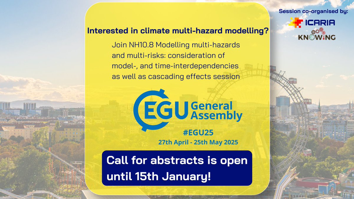 CETAQUA's tweet photo. 📢 Are you a researcher focused on #multihazards modelling? Join #ICARIAeu and #KNOWING session at @EuroGeosciences 2025!
The session will be focused on modelling approaches tackling climate multi-hazards, as well as multi-risks
Submit your abstract 👇
https://t.co/PZDbruO1LA https://t.co/m5OYpdhWlo
