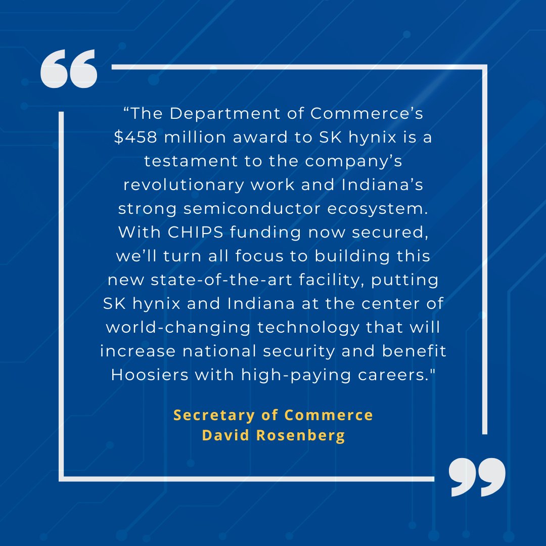 Today, <a href="/CommerceGov/">U.S. Commerce Dept.</a> announced a CHIPS Incentive Award of up to $458 million to <a href="/SKhynix/">SK hynix</a>. This funding supports the company's $3.87 billion investment in West Lafayette, Indiana and represents a major step in advancing the security of the U.S. supply chain. nist.gov/news-events/ne…