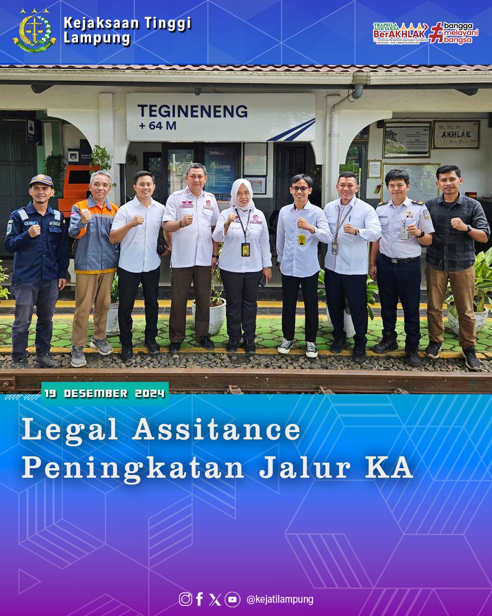 KejatiLpg's tweet image. Pada hari Senin, 16 Desember 2024, bertempat di Direksi Keet PT Rindang Sejati, telah dilaksanakan Rapat Legal Assistance/Pendampingan Hukum terkait Kegiatan Peningkatan Jalur KA Lintas Tarahan - Tanjungenim Tahap I Segmen Stasiun Rejosari – Stasiun Tegineneng. #LegalAssistance