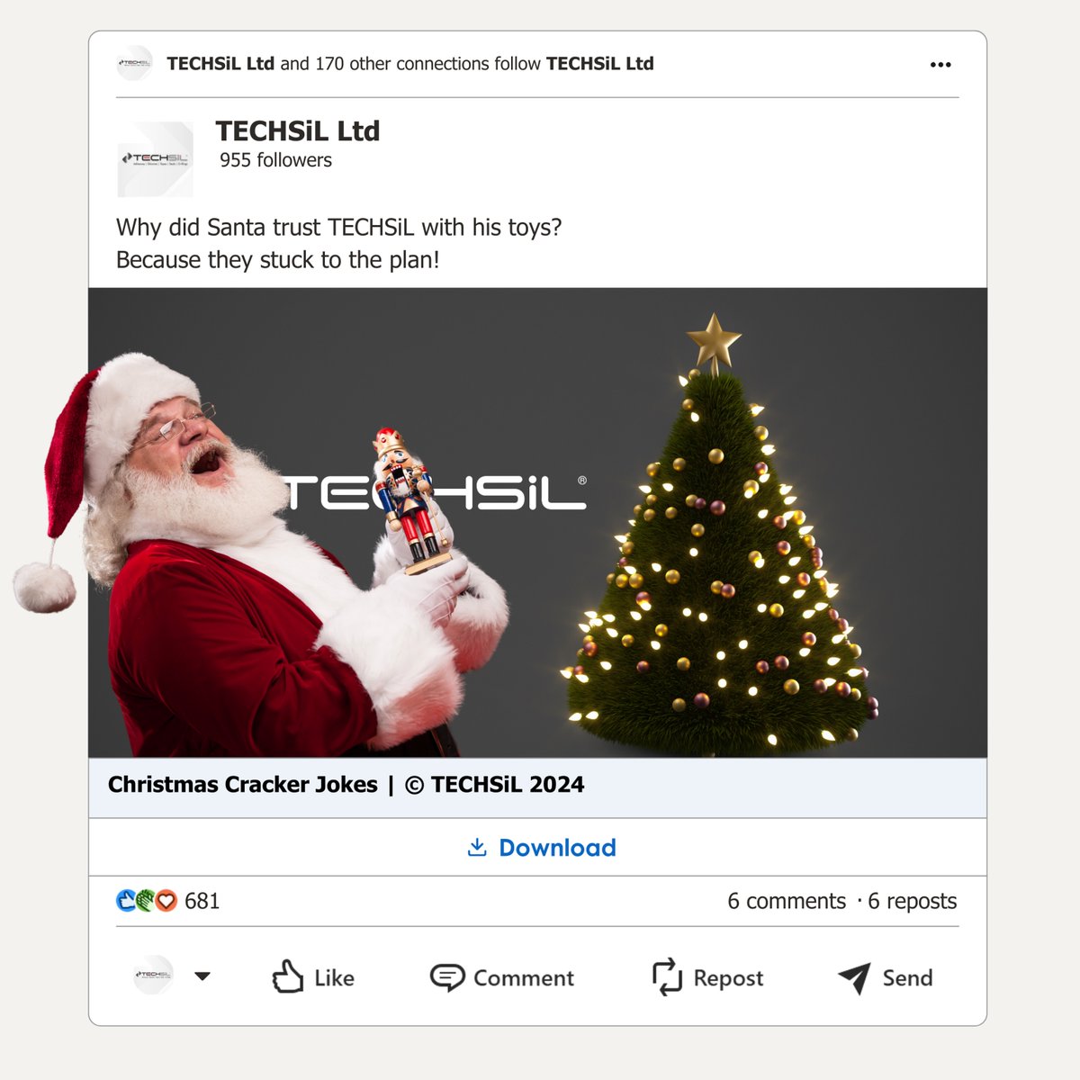 Techsil's tweet image. Why did Santa trust TECHSiL with his toys?
Because they stuck to the plan!
🌐techsil.co.uk
#christmacountdown #TECHSiL #christmasjokes