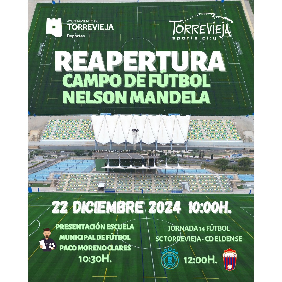 EduardoDolon's tweet image. El próximo domingo, 22 de diciembre, asistiremos a la reapertura del campo municipal multiusos Nelson Mandela, tras las obras de remodelación integral que se han llevado a cabo a lo largo del presente año 2024, con una inversión de 886.587 euros.

#poryparatorrevieja