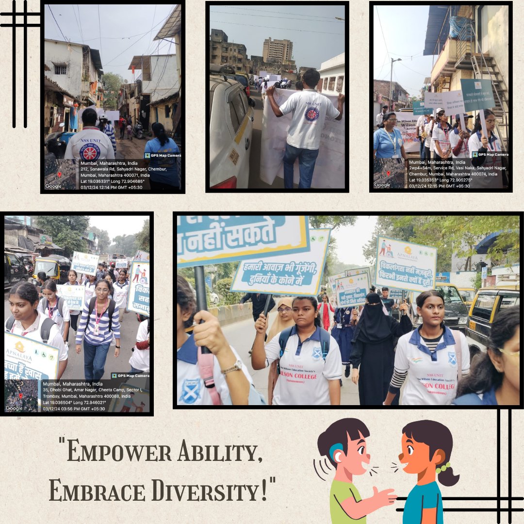 nss_unit_wilson's tweet photo. NSS Unit of Wilson College (Autonomous), under the project 'समान अवसर, समान जीवन,' proudly participated in a rally organized by Apnalaya NGO to mark World Disability Day✨️
#WorldDisabilityDay #EqualOpportunities #Inclusivity #WilsonCollege #NSS  #समानअवसरसमानजीवन #Apnalaya https://t.co/ciDhYVWUrK