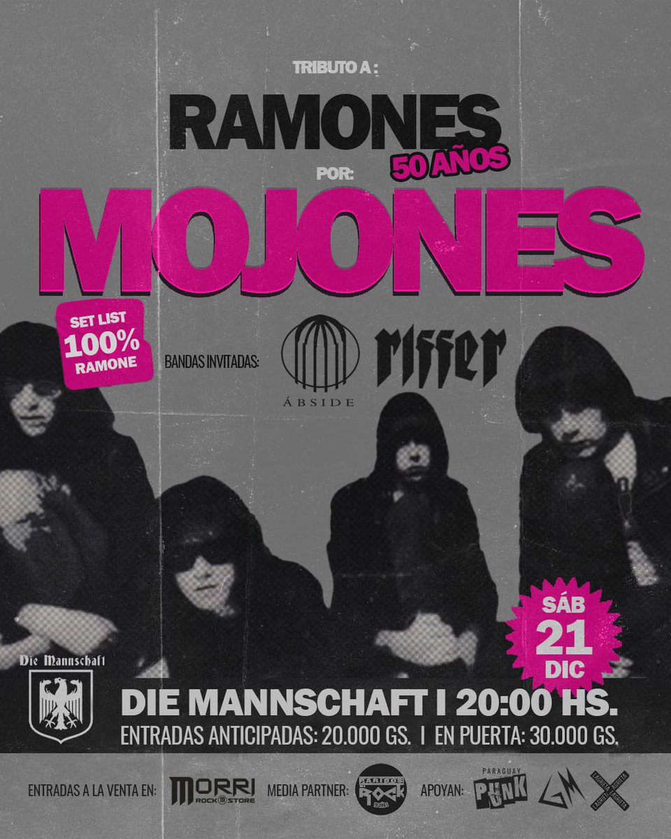 DavidFranco1103's tweet photo. A pocos días de esta gran fecha en @diemannschaftpy centro 🔥🤘
Vamos a estar presentes con los muchachos de @absidepy en este gran homenaje a #Ramones de la mano de #Mojones
#punk #rock #rocknacional #Ramones https://t.co/hhwznQHi1n
