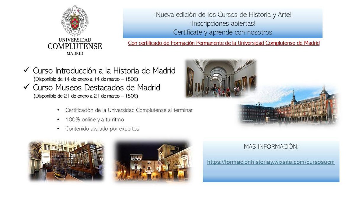arteneaUCM's tweet photo. ¿Te interesa la Historia de Madrid?¿Quieres saber más sobre los Museos de Madrid? Apúntate a nuestros cursos 100% online. Certificado de la UCM. Para mas información:
https://t.co/DndbEKm2Y9 https://t.co/hYvmcVvn99