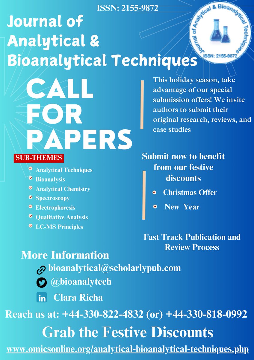 bioanalytech's tweet image. JABT! 🔬
Call for #Researchers
#Special #Offers Include:  
📷#Reduced #submission #fees 
📷 #article #processing #charges (APCs)  
📷 #submission date will be extended as per request Read more: tinyurl.com/hmzfmse7 
#MEDTwitter #publication #Research #chemistry #bioanalytical