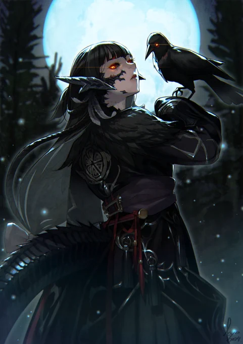 お題:カラスと月とアウラさん #ff14 