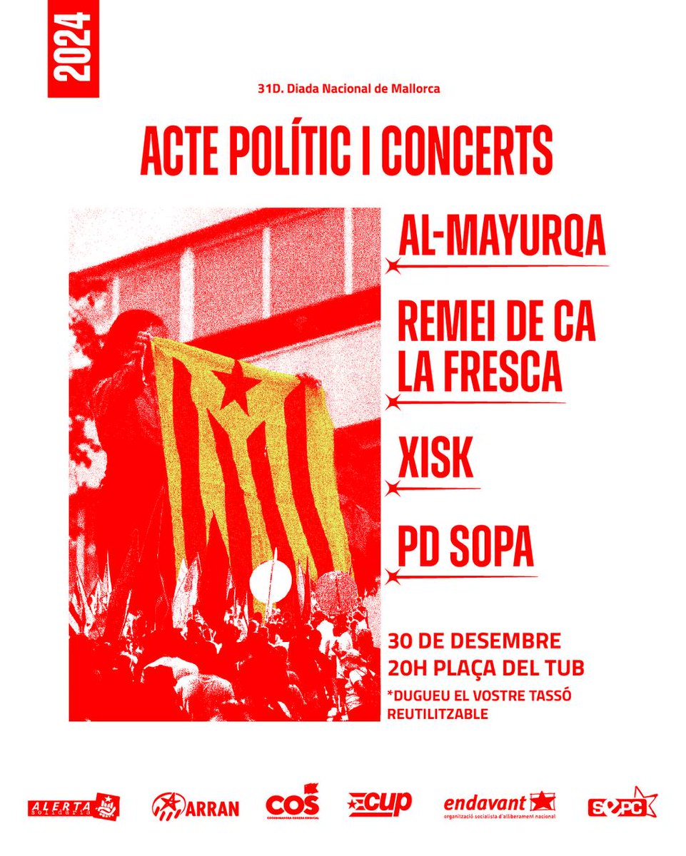 Ja tenim aquí el cartell de l'acte polític i concert de la #DiadaMallorca24. 

Després dels parlaments comptarem amb les actuacions d'Al-Mayurqa, Remei De Ca La Fresca, Xisk i PD Sopa. 

Serà a les 20 h. a la Plaça del Tub. 

#TerraLluitaLlibertat
