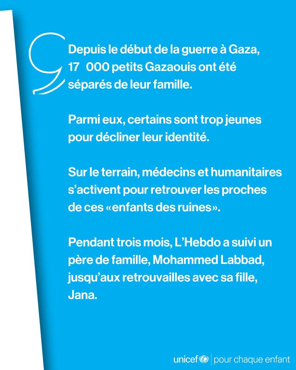 Depuis le début de la guerre à #Gaza, médecins et personnels humanitaires mettent tout en œuvre pour retrouver les proches de près de 17 000 enfants gazaouis séparés de leur famille.
🔎 Découvrez ce reportage avec <a href="/LaCroix/">La Croix</a> et <a href="/UNICEF_france/">UNICEF France</a> : unicef.fr/article/les-en…