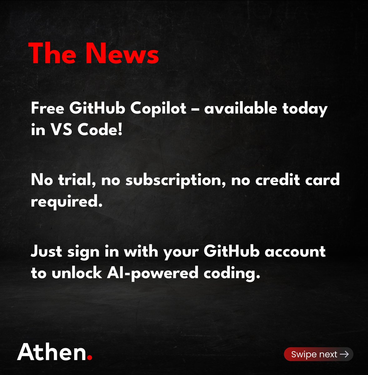 WeAreAthen's tweet image. GitHub Copilot Free is here for all VS Code users.
Get 2000 code completions, 50 chat requests, and advanced AI features like Copilot Edits, custom instructions, and more

#GitHubCopilot #FreeCodingTools #AIForDev #VSCode #athen #AthenTechBits