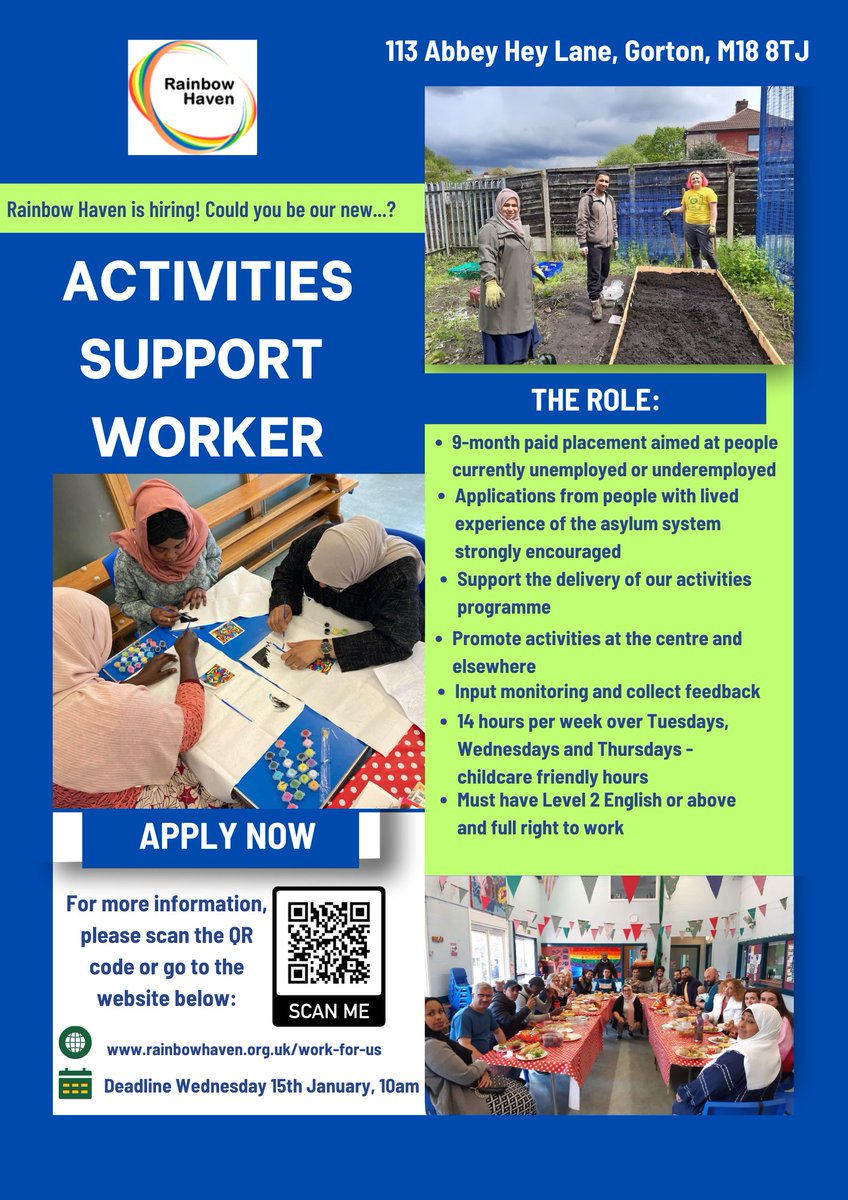 Hi everyone, we're recruiting for our next Activities Support Worker, a 9-month paid placement😊Deadline 10am Monday 15th January rainbowhaven.org.uk/work-for-us