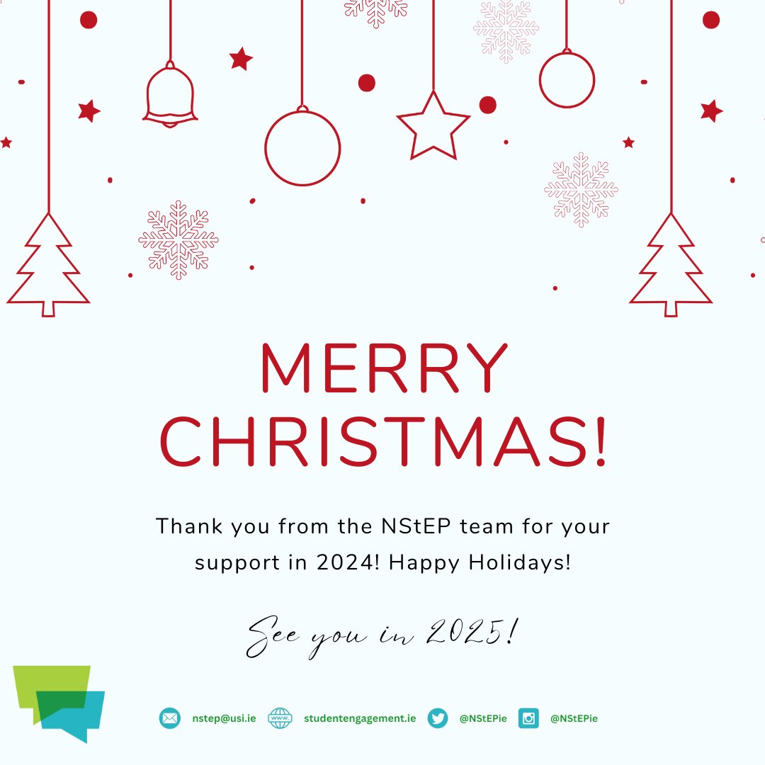 National Student Engagement Programme (NStEP) (@nstepie) on Twitter photo It's been a busy year for us in NStEP, so from all the team, thank you for coming along on the journey with us to strengthen student engagement and partnership.
A very merry Christmas and happy holidays to all, and best wishes for the New Year! See you in 2025! 🎆 It's been a busy year for us in NStEP, so from all the team, thank you for coming along on the journey with us to strengthen student engagement and partnership.
A very merry Christmas and happy holidays to all, and best wishes for the New Year! See you in 2025! 🎆