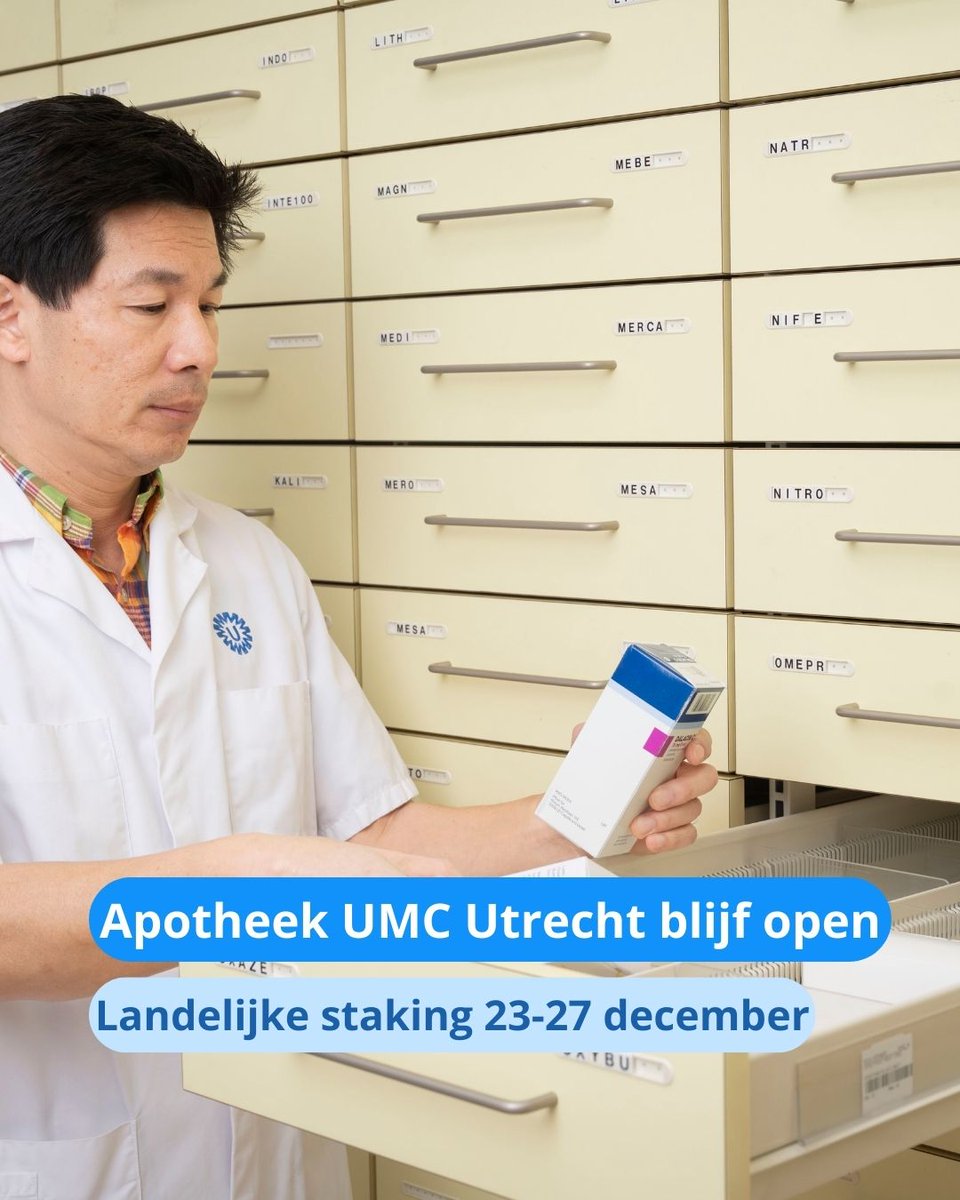 🚨 Van 23-27 december staken openbare apotheken voor een betere cao. Het UMC Utrecht doet niet mee aan deze staking.

⚠️ We verwachten wel piekdrukte en langere wachttijden bij onze apotheek.

Meer informatie 👉🏾 umcutrecht.nl/nl/over-ons/ni…