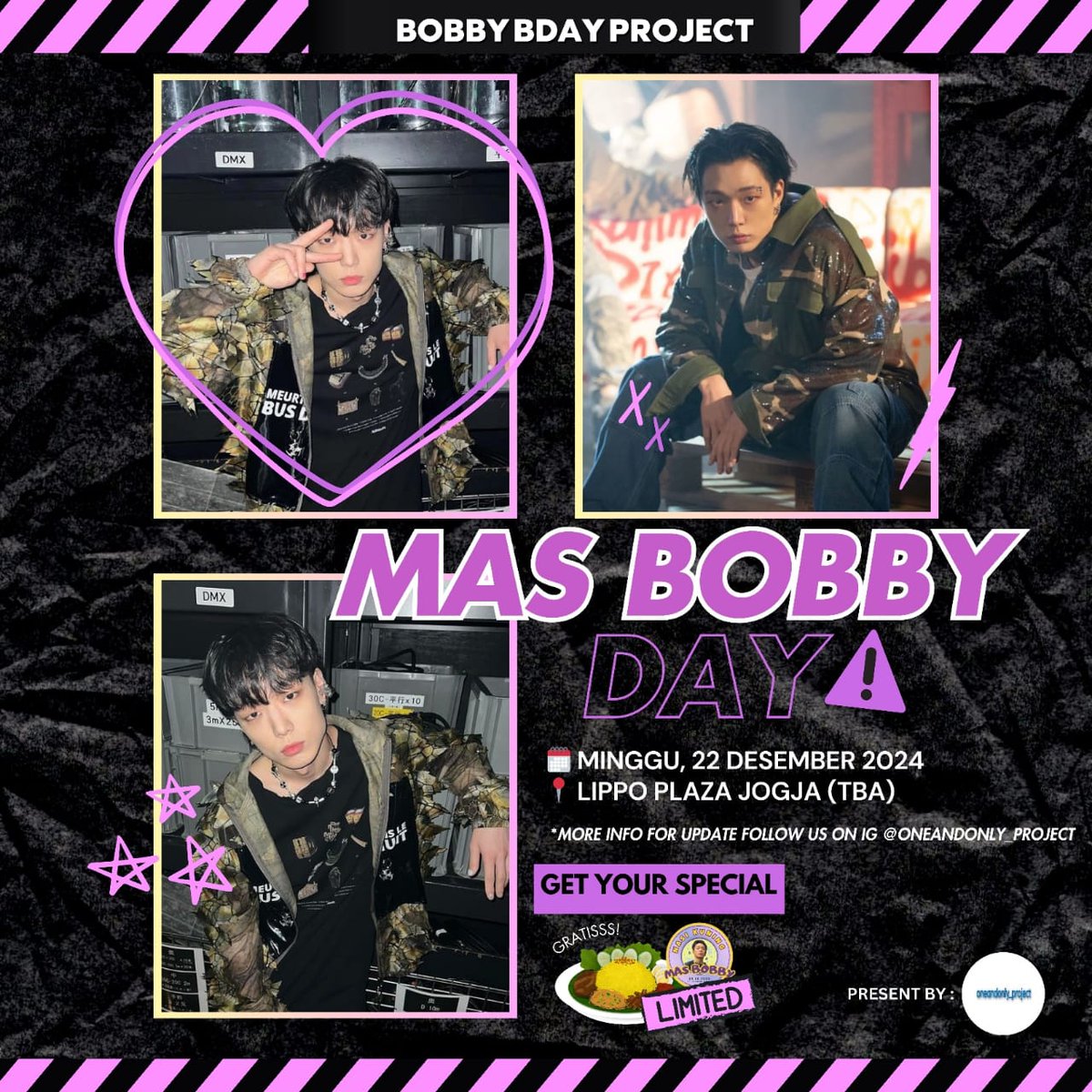 oneandonlyprjct's tweet photo. Annyeong iKONIC 🖖❤
Untuk merayakan ulang tahun Bobby ke 29 tahun @oneandonly_project akan mengadakan bobby bday project dengan bagi-bagi *"Nasi kuning"
🗓 : Minggu, 22 desember 2024
📍 : Atrium Lippo Mall Jogja 
 🕐 : TBA
**FREE NASI KUNING MAS BOBBY*
See youu 🫶

#BOBBY #iKON https://t.co/vnwXl783Hr