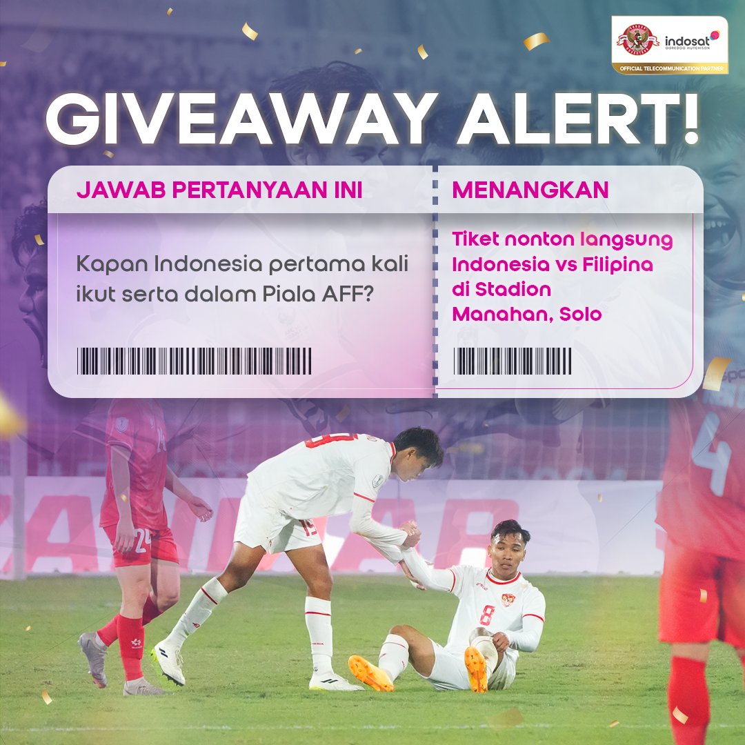 indosat's tweet photo. Mana nih, Sahabat yang tinggal di Solo? Siapa yang mau nonton langsung Timnas Indonesia melawan Filipina hari Sabtu besok?

Yuk, ikutan kuisnya sekarang!

1. Pastikan Sahabat sudah follow @indosat.
2. Jawab pertanyaan dengan tepat dan gunakan hashtag #IndosatSiPalingTimnas & #EmpoweringIndonesia.
3. Tag 3 orang teman untuk ikutan juga.
4. Periode: 19 - 20 Desember 2024.
5. Pemenang akan diumumkan pada 20 Desember 2024 dan didistribusikan pada 21 Desember 2024.
6. Mimin akan memilih pemenang dari IG, X, dan FB.
7. Keputusan penentuan pemenang bersifat mutlak dan tidak dapat diganggu-gugat.
8. Pastikan Sahabat sudah memiliki Garuda ID.
9. Pastikan Sahabat berdomisili di Solo dan sekitarnya karena transport dan akomodasi ditanggung masing-masing.

#BersamaGaruda #IndosatSiPalingTimnas #IndosatOoredooHutchison #IOH #EmpoweringIndonesia