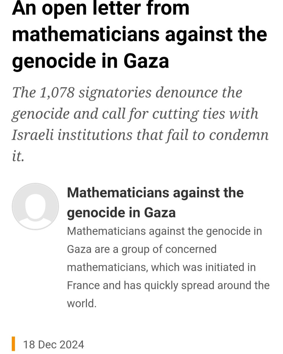 sawaya_nicolas's tweet image. A call for boycott of Israeli institutions by over a thousand mathematicians.

"We urge our colleagues to cease all scientific collaboration with Israeli institutions that do not explicitly condemn the genocide in Gaza and the illegal colonisation of Palestine".