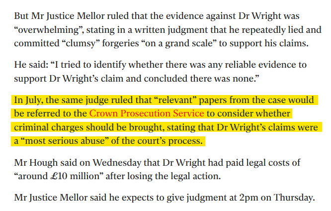 Ahead of disgraced fake Satoshi conman Craig Wright's (@cstominaga) sentencing for contempt of court in a couple of hours, let's not forget there is ALSO his referral to the <a href="/CPSUK/">Crown Prosecution Service</a> which will take place at the completion of this contempt case today.