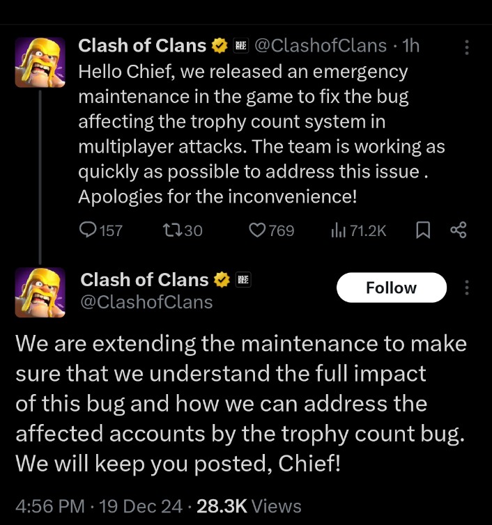 ritksharmaa's tweet photo. 🗞️
Clash of clans ( COC ) is fixing bugs for the last 2 hours. And now they extended the time of maintenance for more 50 minutes.
#ClashofClans https://t.co/k3ZFXZXGZC