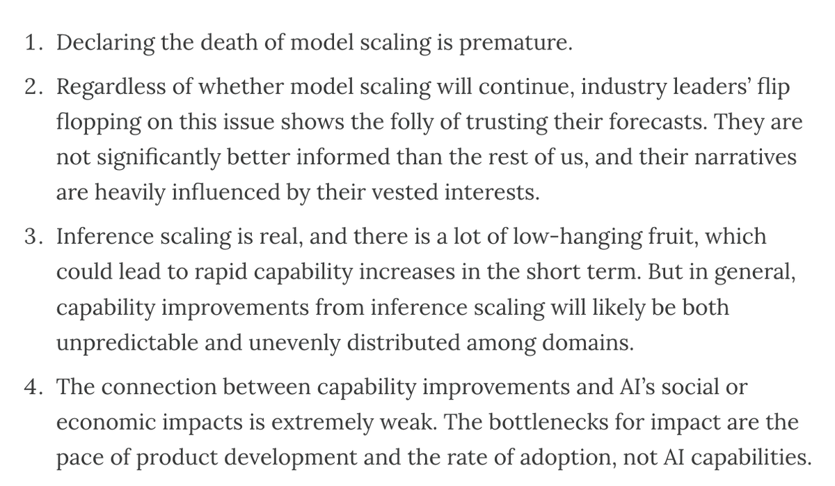 New AI Snake Oil essay: Last month the AI industry's narrative on scaling suddenly flipped. This has left people outside AI confused. What changed? Is AI capability progress slowing? We look at the evidence.
By me, <a href="/benediktstroebl/">Benedikt Stroebl</a> and <a href="/sayashk/">Sayash Kapoor</a>.
aisnakeoil.com/p/is-ai-progre…
-----