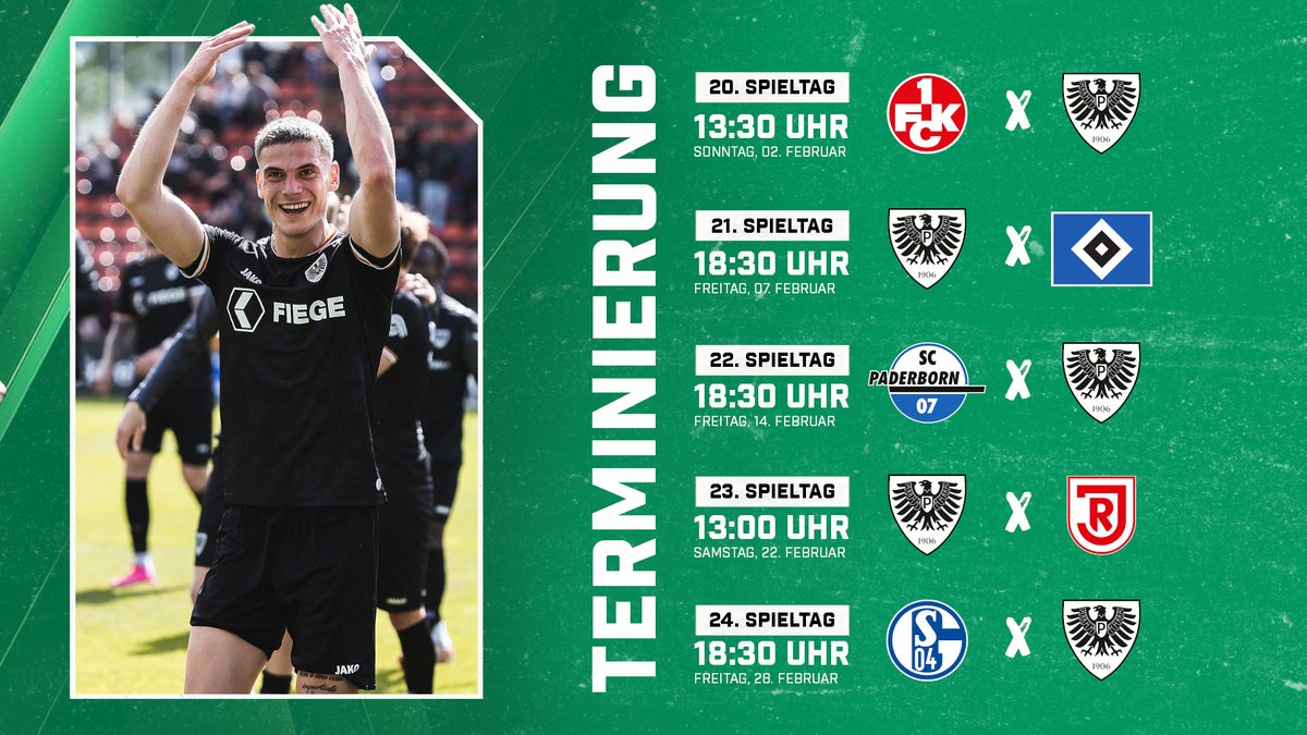 📆 HSV, Paderborn &amp; Schalke - Die Terminierung der Spieltage 20-24 hält für uns gleich drei Flutlichtspiele am Freitagabend bereit ⚫⚪💚 #scp06
___
scpreussen-muenster.de/news/spielplan…