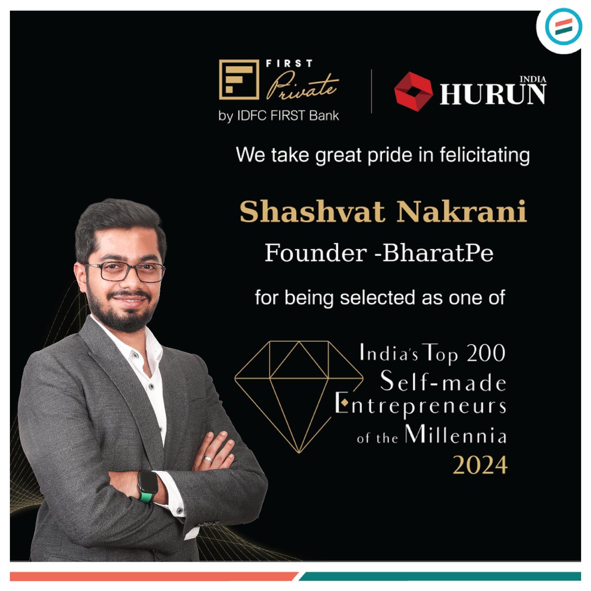 We are thrilled to share that our founder, Shashvat Nakrani, has been honored as one of the Top 200 Self-made Entrepreneurs of the Millennia 2024 by IDFC FIRST Private Banking and Hurun India!

Join us in congratulating Shashvat for this well-deserved honor! 👏
#BharatPe