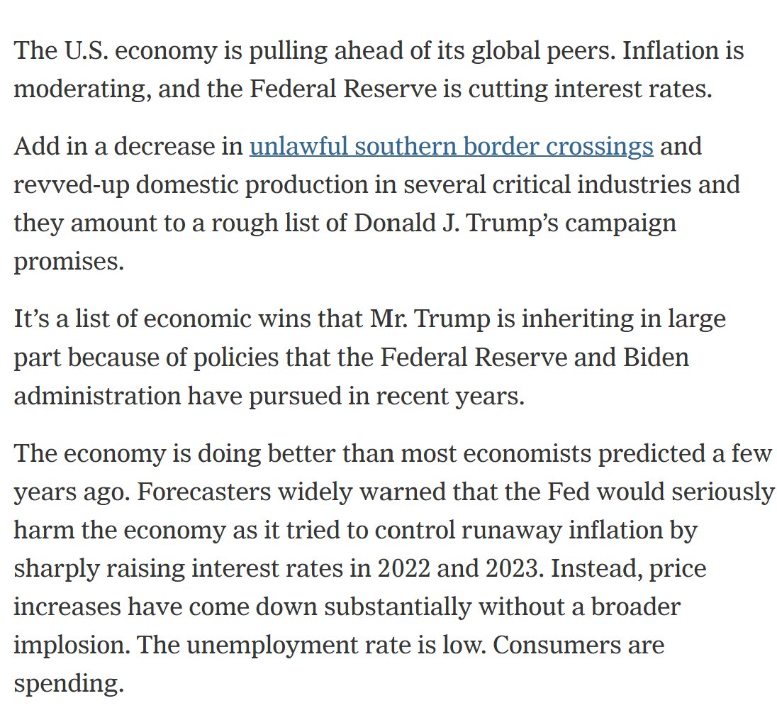 HerbieZiskend46's tweet image. .@nytimes on the strong U.S. economy being inherited by @realDonaldTrump: 

"The U.S. economy is pulling ahead of its global peers. Inflation is moderating, and the Federal Reserve is cutting interest rates."