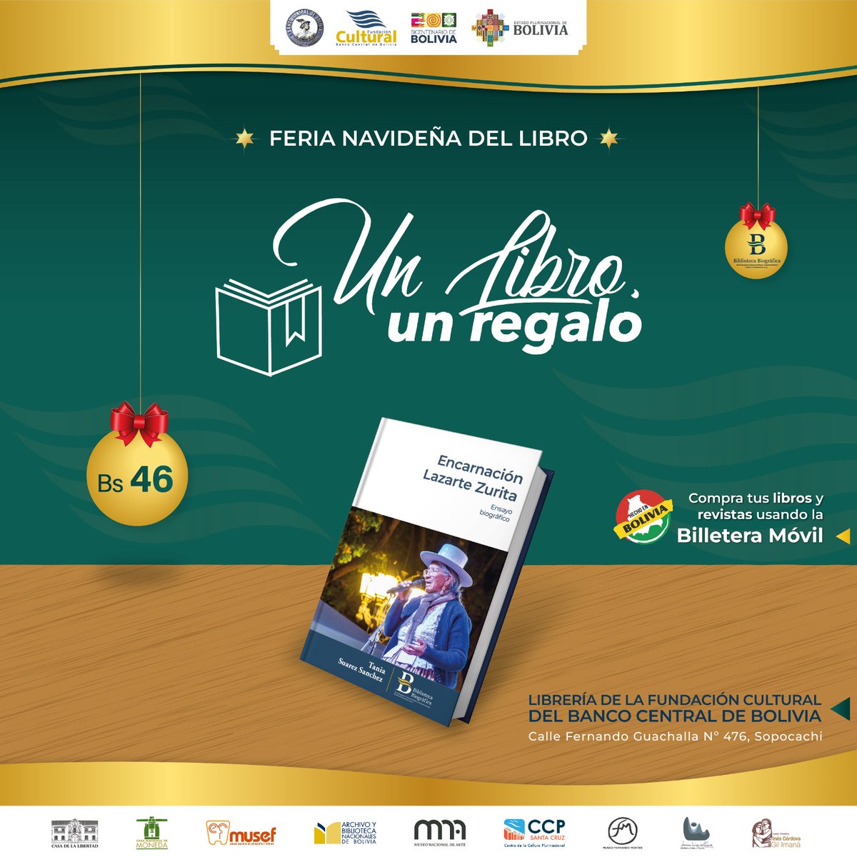 #FCBCB I 𝑭𝒆𝒓𝒊𝒂 𝒏𝒂𝒗𝒊𝒅𝒆𝒏̃𝒂: 𝑼𝒏 𝒍𝒊𝒃𝒓𝒐, 𝒖𝒏 𝒓𝒆𝒈𝒂𝒍𝒐
Adquiere tu ejemplar en Sopocachi, en la calle Fernando Guachalla N°476, en la Feria Navideña: Un libro, un regalo.
#UnidosRumboAlBicentenario
#LaCulturaNosUne
#UnidosEstamosSaliendoAdelante