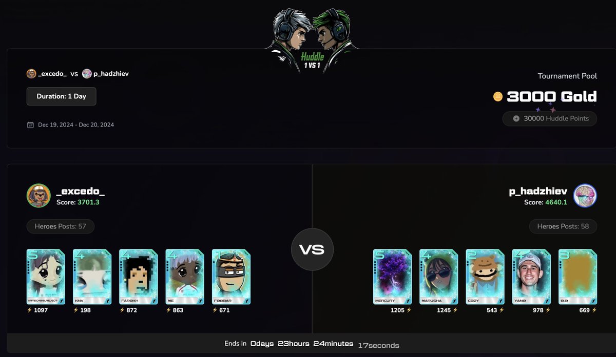 This will be a wild one.. 😈 Shoutout to <a href="/huddle_wtf/">Huddle</a>, I'm having so much fun on the tournament.

Good luck <a href="/_excedo_/">excedo</a> - you've got some strong rares with artschoolreject &amp; knv. 🥶

May the best fantardio win! 🤝