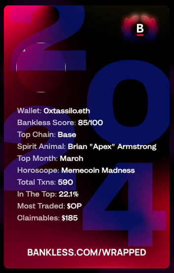 wow my Bankless Score is 85 :) 

I've just got my 2024 Onchain Wrapped by <a href="/bankless/"></a> and my Spirit Animal is <a href="/brian_armstrong/">Brian Armstrong</a> - Brian "Apex" Armstrong.