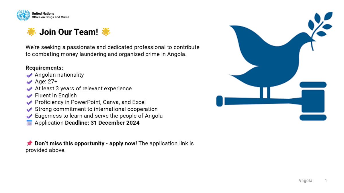🚨 We are hiring: Associate Programme Officer 🚨

Join us in combating money laundering &amp; organized crime in Angola!
Don’t miss this chance to make a difference! 💼✨

🌐 Link to apply:
app.unv.org/api/doa/doa/17…