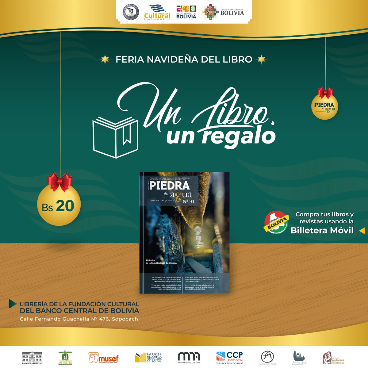 #FCBCB I 𝑭𝒆𝒓𝒊𝒂 𝒏𝒂𝒗𝒊𝒅𝒆𝒏̃𝒂: 𝑼𝒏 𝒍𝒊𝒃𝒓𝒐, 𝒖𝒏 𝒓𝒆𝒈𝒂𝒍𝒐
Adquiere tu ejemplar en Sopocachi, en la calle Fernando Guachalla N°476, en la Feria Navideña: Un libro, un regalo.
#UnidosRumboAlBicentenario
#LaCulturaNosUne
#UnidosEstamosSaliendoAdelante