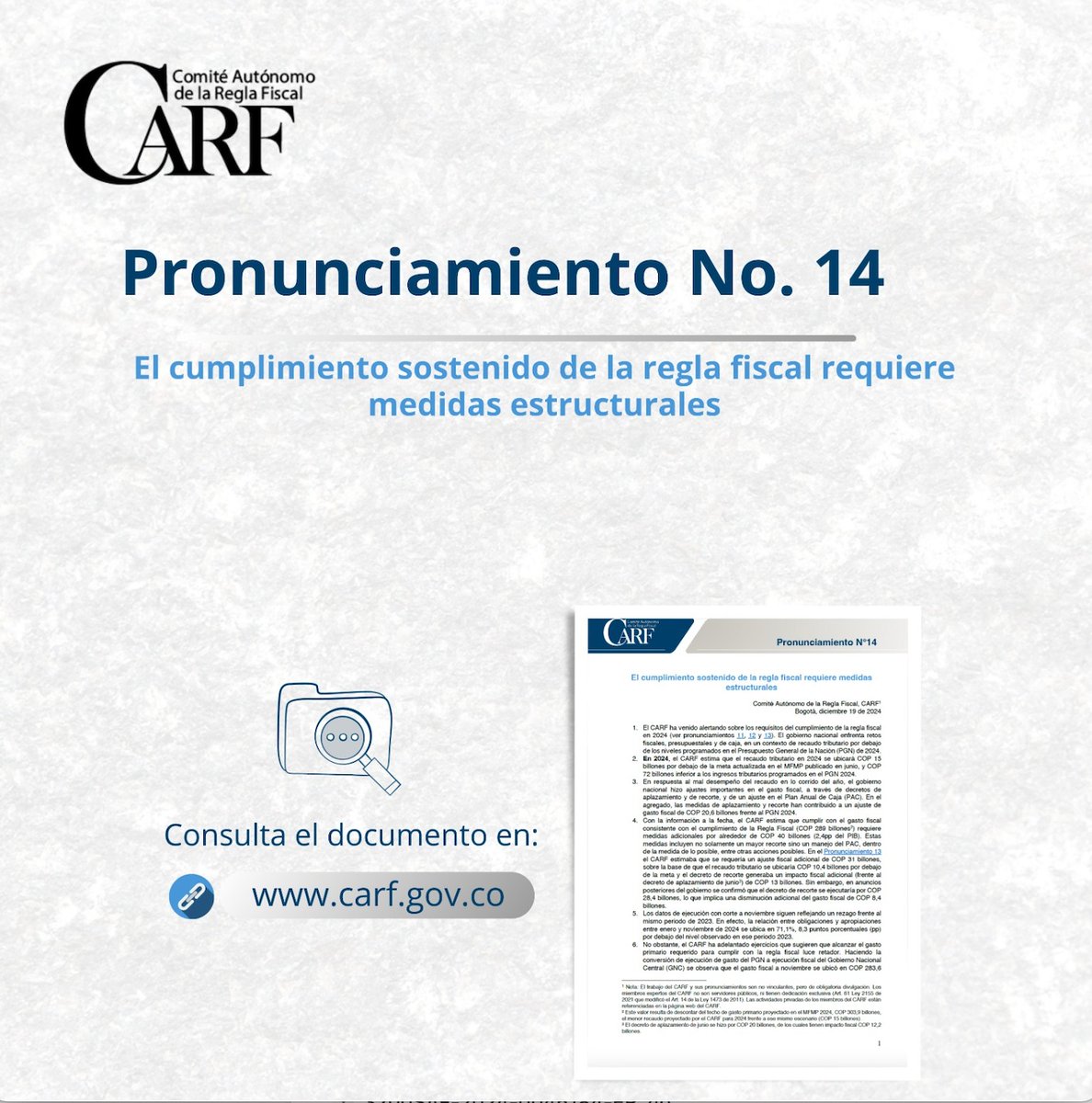 El cumplimiento sostenido de la regla fiscal requiere medidas estructurales🧵 #CARF #ReglaFiscal #Colombia 

Lea el Pronunciamiento No. 14 aquí:
carf.gov.co/documents/d/gu…