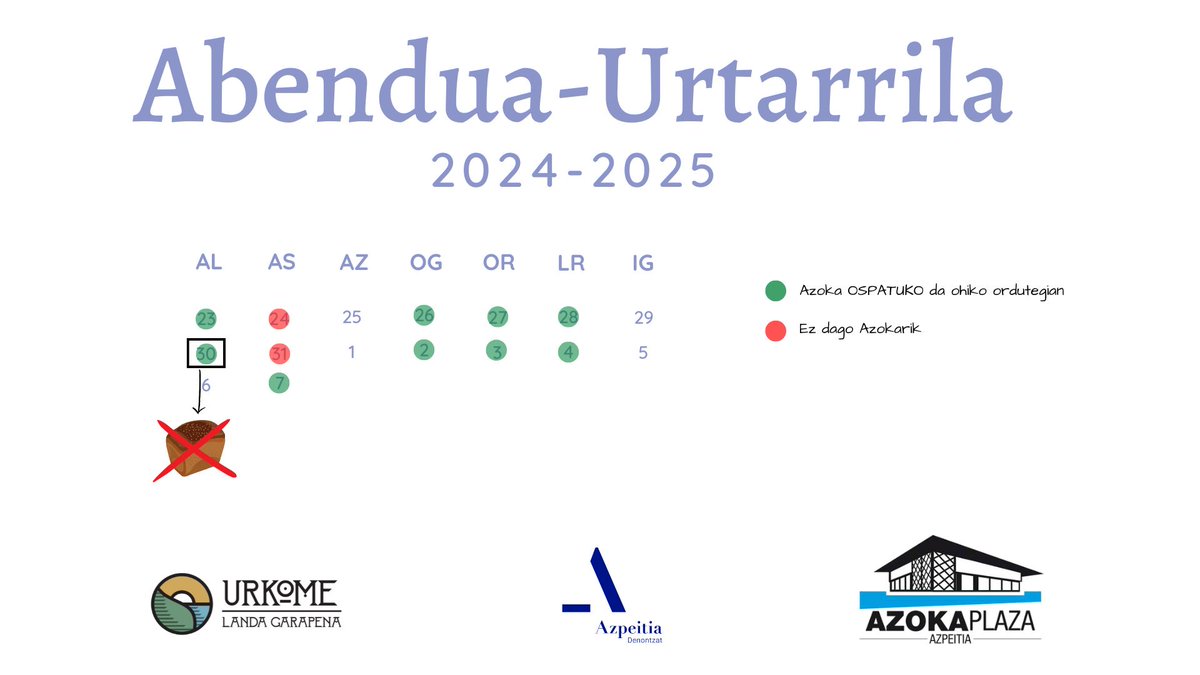 Hemen duzue hurrengo egunetako egutegia.
OHARRA: Abenduak 30ean ez da okinik izango azokan.
#bertakoaelikatuz #bertakoaetagaraikoa #azoka #barazkietafrutak #esnekiak #kontserbak #loreak #ogiak #landareak #eztia #Azpeitia #kontsumitubertakoaetagaraikoa
