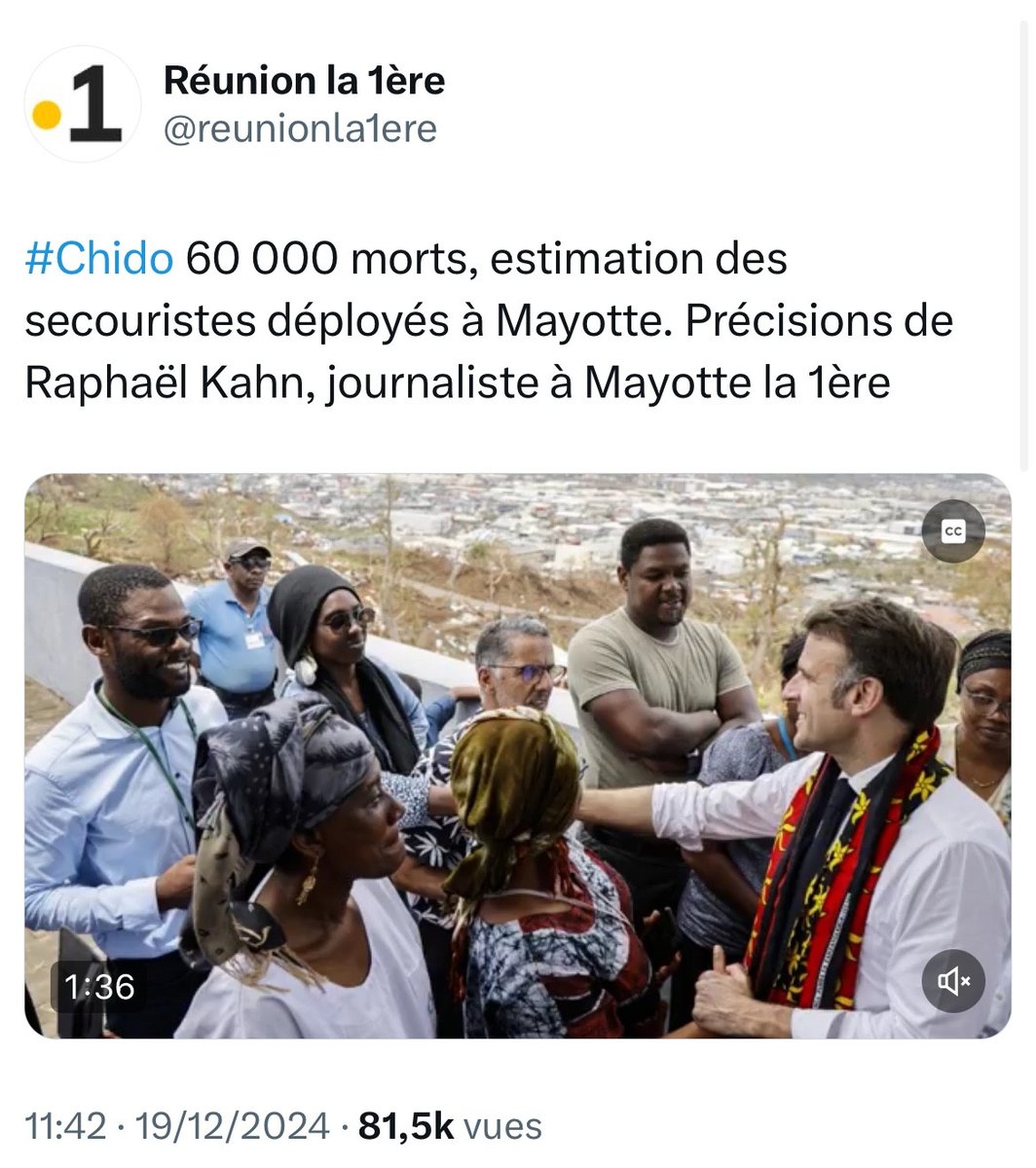 Le compte du média <a href="/reunionla1ere/">Réunion la 1ère</a> (filiale de <a href="/FranceTV/">France tv</a> ) évoque le chiffre de 60.000 morts (!!!!!) à #Mayotte... puis l'efface 🧐  WTF ??