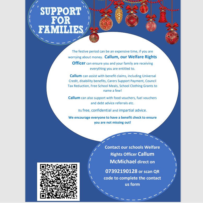 Worrying about money? Contact Callum McMichael, our designated school welfare officer for support and advice: