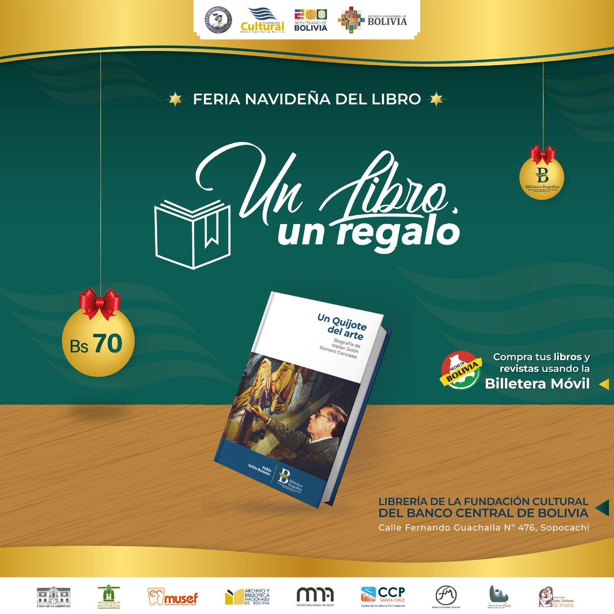 #FCBCB I 𝑭𝒆𝒓𝒊𝒂 𝒏𝒂𝒗𝒊𝒅𝒆𝒏̃𝒂: 𝑼𝒏 𝒍𝒊𝒃𝒓𝒐, 𝒖𝒏 𝒓𝒆𝒈𝒂𝒍𝒐
Adquiere tu ejemplar en Sopocachi, en la calle Fernando Guachalla N°476, en la Feria Navideña: Un libro, un regalo.
Estaremos hasta el martes 24 de diciembre, te esperamos.