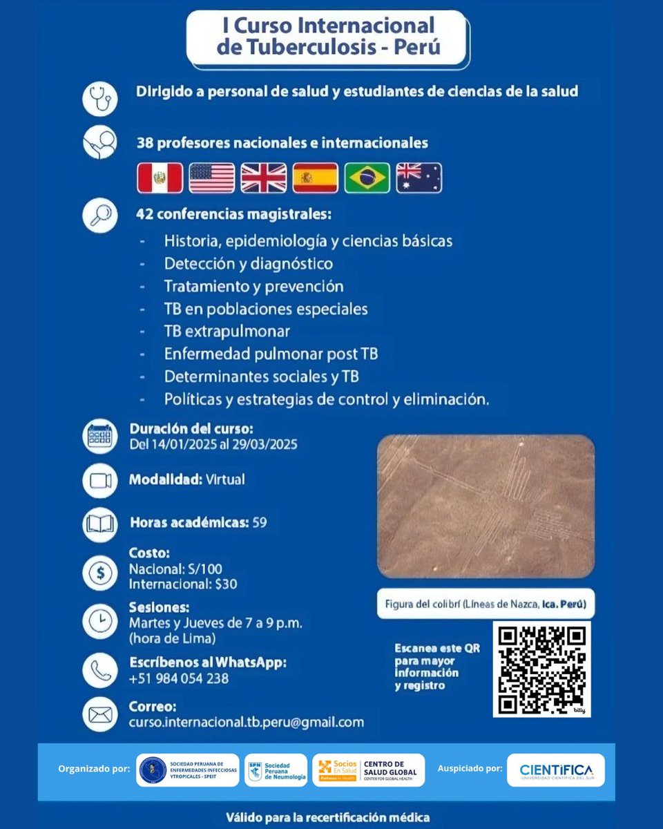Sociedad Peruana de Enf. Infecciosas y Tropicales (@speit_oficial) on Twitter photo "I Curso Internacional de Tuberculosis, Perú-2025".
Para más información, pueden comunicarse por WA a: +51 984 054 238 o escribir al correo: curso.internacional.tb.peru@gmail.com. Inscripciones aquí: goo.su/ldaO "I Curso Internacional de Tuberculosis, Perú-2025".
Para más información, pueden comunicarse por WA a: +51 984 054 238 o escribir al correo: curso.internacional.tb.peru@gmail.com. Inscripciones aquí: goo.su/ldaO