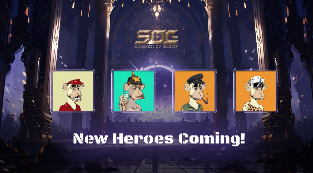 🌟🎮 Exciting news for SOG community! 

After an intense voting process, we've selected 4 #BAYC NFTs to become our new game heroes! 

These unique characters will bring fresh gameplay and strategies, helping you dominate the battlefield! 💥✨ 

Join us in exploring this creative