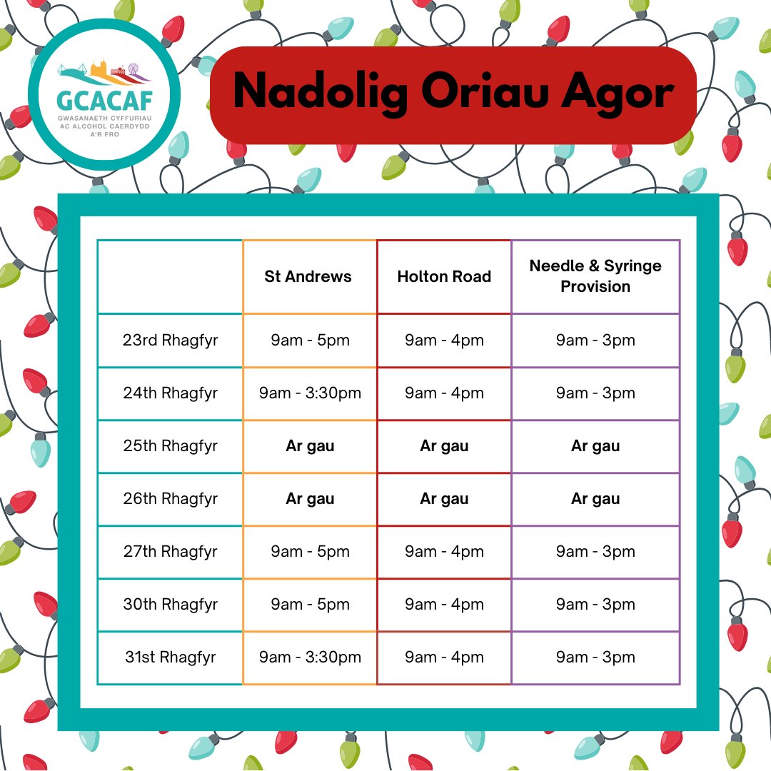 CAVDAS25's tweet image. Yn ystod tymor y Nadolig, mae nifer o&apos;n canolfannau yn parhau ar agor i roi cymorth a chyngor. 

Nodwch os gwelwch yn dda y bydd ein canolfan Y-lanfa ar gau am holl dymor y Nadolig. Gan ddymuno tymor Nadolig llawen a diogel i chi!

#substanceusesupport #festivesupport