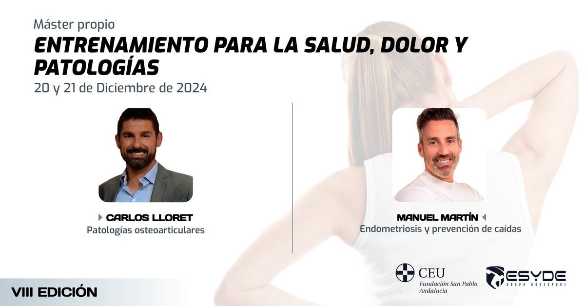 ESYDE_Formacion's tweet photo. Finalizamos el año con nuestros #posgrados deportivos junto a @CEUAndalucia
- Máster en entrenamiento para la salud, dolor y patologías.
- Máster en fisioterapia deportiva avanzada.
- Máster en optimización del entrenamiento y readaptación físico-deportiva.
#master #esyde https://t.co/ffpfyK9UYW