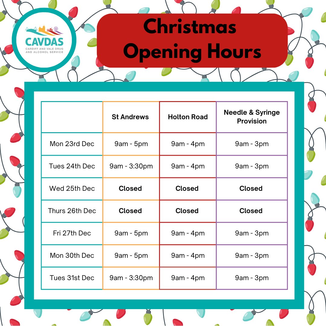CAVDAS25's tweet image. During the festive season, several of our bases remain open to provide support and advice. 

Please note that our Y-lanfa base will be closed for the entire festive season. Wishing you a joyful and safe festive season! 🎄

#substanceusesupport #festivesuppot #harmreduction