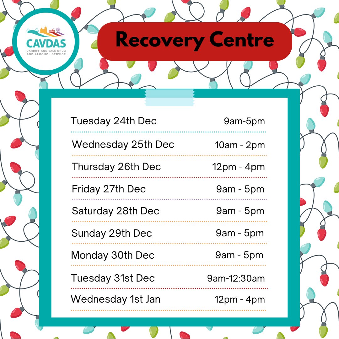 CAVDAS25's tweet image. During the festive season, several of our bases remain open to provide support and advice. 

Please note that our Y-lanfa base will be closed for the entire festive season. Wishing you a joyful and safe festive season! 🎄

#substanceusesupport #festivesuppot #harmreduction
