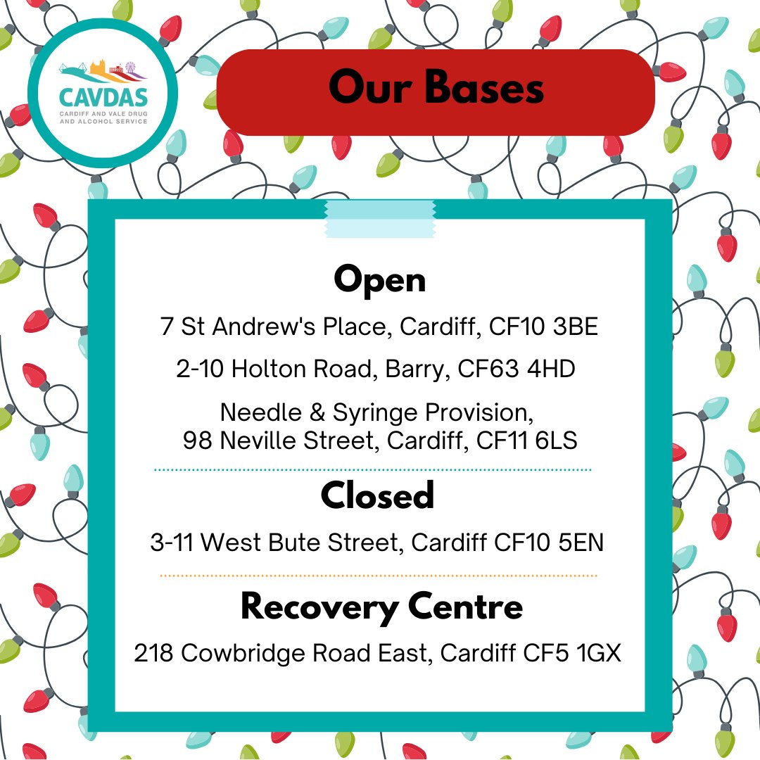 CAVDAS25's tweet image. During the festive season, several of our bases remain open to provide support and advice. 

Please note that our Y-lanfa base will be closed for the entire festive season. Wishing you a joyful and safe festive season! 🎄

#substanceusesupport #festivesuppot #harmreduction