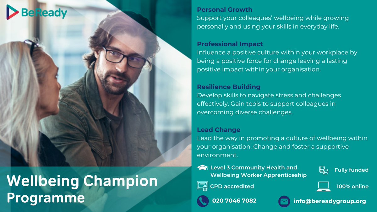 With our Wellbeing Champion programme, you have the opportunity to develop your coaching &amp; counselling skills while expanding your knowledge on a wide range of wellbeing topics, regardless of your professional background.  

bit.ly/BeReady_wellbe…

#wellbeing #workplacewellbeing