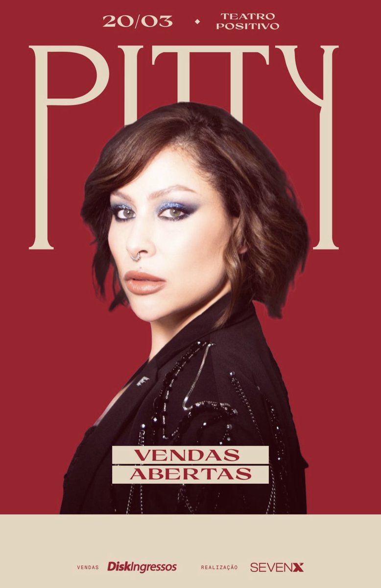 Estão abertas as vendas para o show da Pitty em Curitiba, que acontece no dia 20 de março, no Teatro Positivo❤️.

— Compre em:
 diskingressos.com.br/event/8612?fbc…