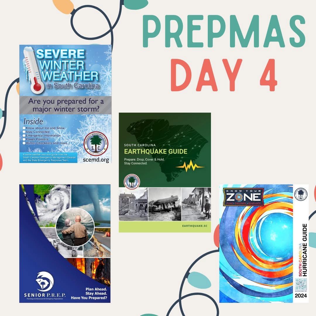 SCEMD's tweet photo. On the fourth day of Prepmas, my prep buddy gave me: four emergency preparedness guides. 
The gift of preparedness is priceless. 
#BePrepared #Prepmas #FourthDay #EmergencyPrep #HolidayPrep https://t.co/LS4z17Xc20