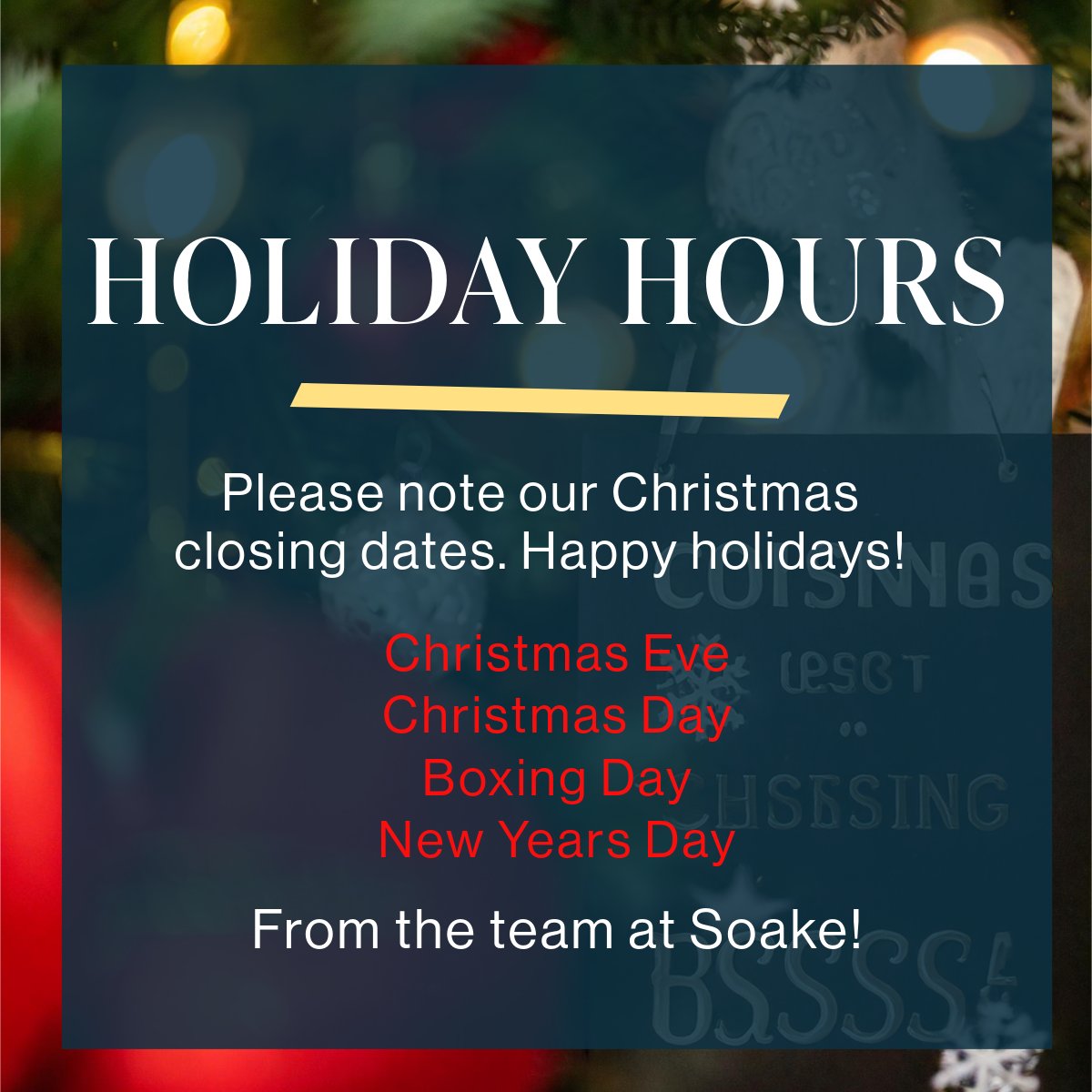 🎄📢 It's Almost Christmas! Take Note of Our Closing Dates

🗓️ Don't forget to get all your orders in before our Christmas closing dates. Merry Christmas!

Love from the Soake Team ❄️☂️

#Soake #MerryChristmas #HappyHolidays