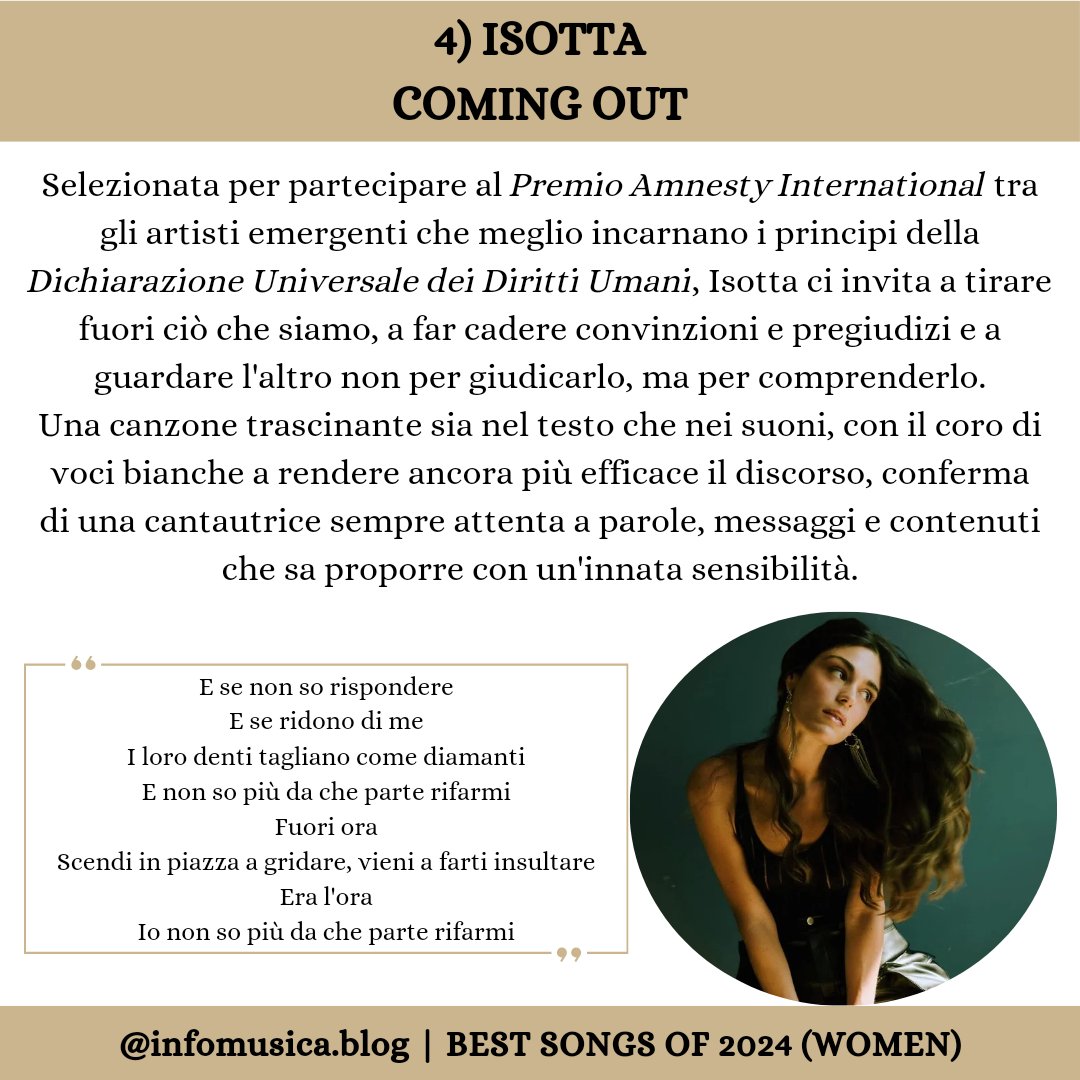 Infomusica_blog's tweet photo. INFOMUSICA BEST SONGS OF 2024 (WOMEN).

4) #Isotta - Coming out. https://t.co/L10CWPTy6f