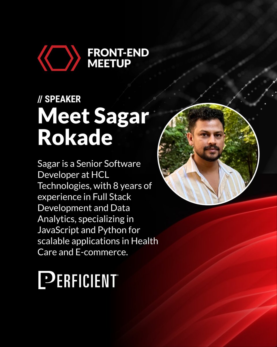 MeetupFrontend's tweet photo. Meet our Speaker – Sagar Rokade, presenting the topic “Microfrontend and Serverside rendering” at Front-End Meetup organized by Front-End Meetup Group and sponsored by Perficient at Cafe Burp, 4th Floor, VIPL Building, Nagpur on December 21, 2024, at 09:30 AM. https://t.co/hSihokDmwD