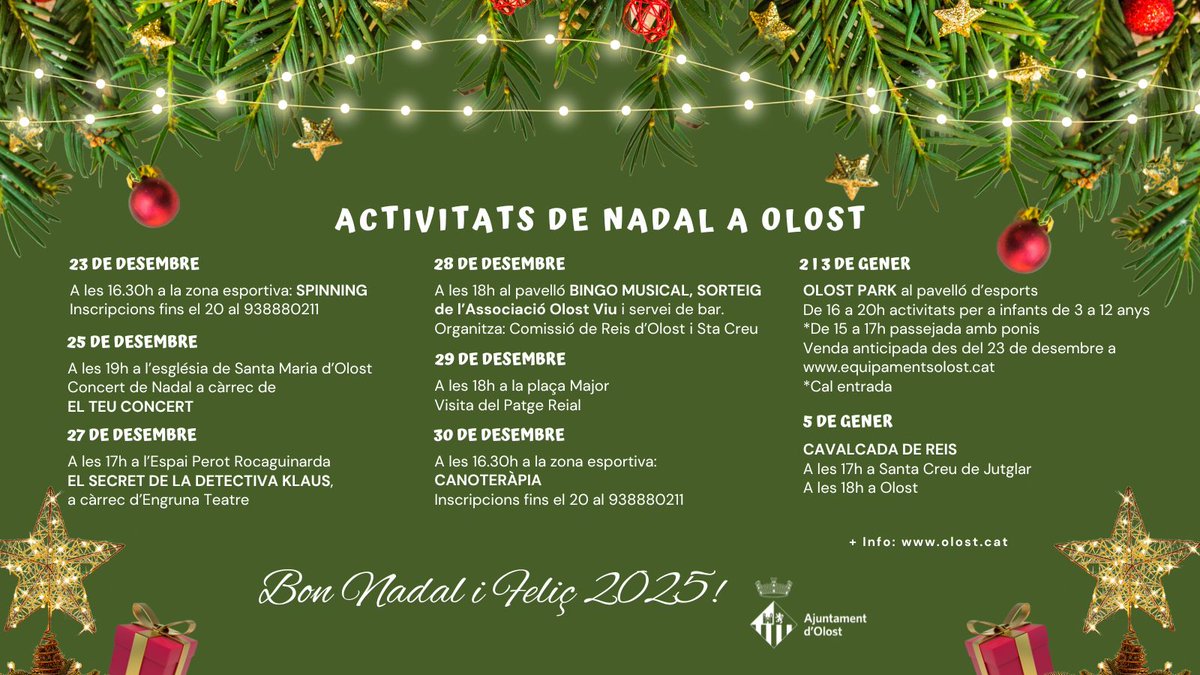 A #Olost ja ho tenim tot a punt per gaudir de les activitats de Nadal i per això us les avancem perquè també hi pugueu participar. #NadalOlost24 #ConcertdeNadal #Bingomusical #Sortejos #OlostViu #OlostPark #PatgeReial #CavalcadadeReis