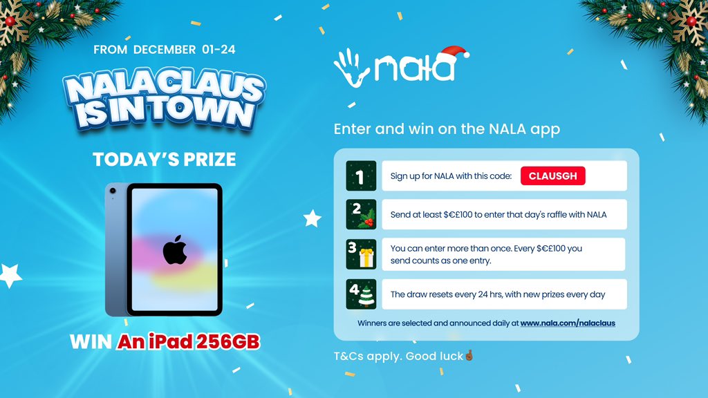 Ei chale now you fi win iPad from NALA today if you send money give somebody for Ghana from US, UK or Europe o. 😍

Register with the code CLAUSGH and get £/€/$10 free if you send your first £/€/$50. 
#NALACLAUS